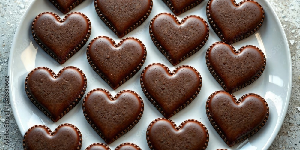 Plate of heart-shaped chocolate cookies arranged in a pattern, bakery fresh, culinary art, arranged cookies Plate of heart-shaped chocolate cookies arranged in a pattern, bakery fresh, culinary art, arranged cookies