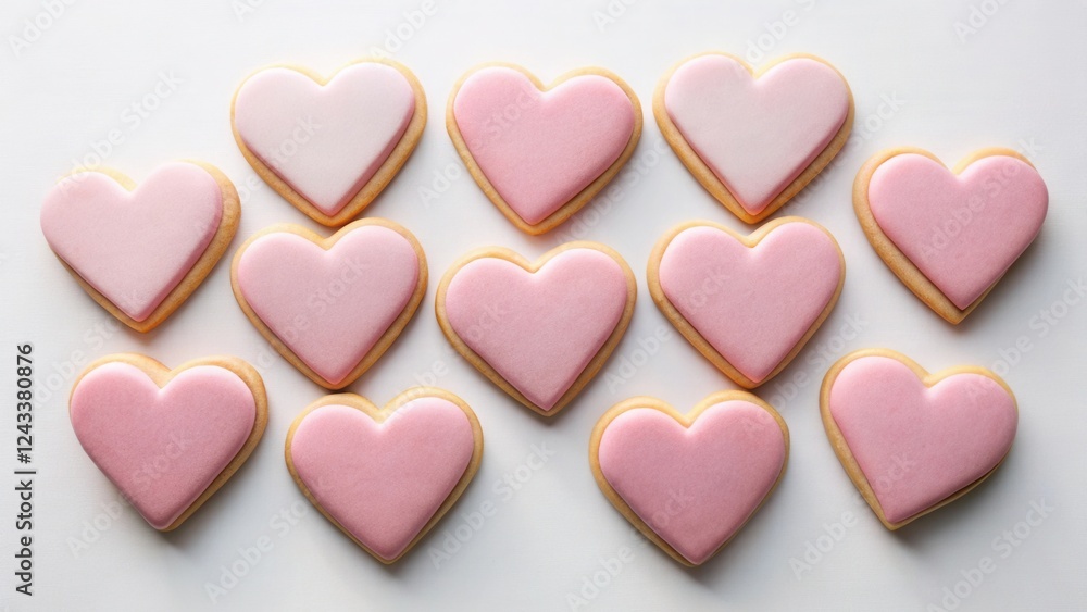 Obraz premium A Dozen Delicate Pink Heart-Shaped Sugar Cookies Arranged on a White Background