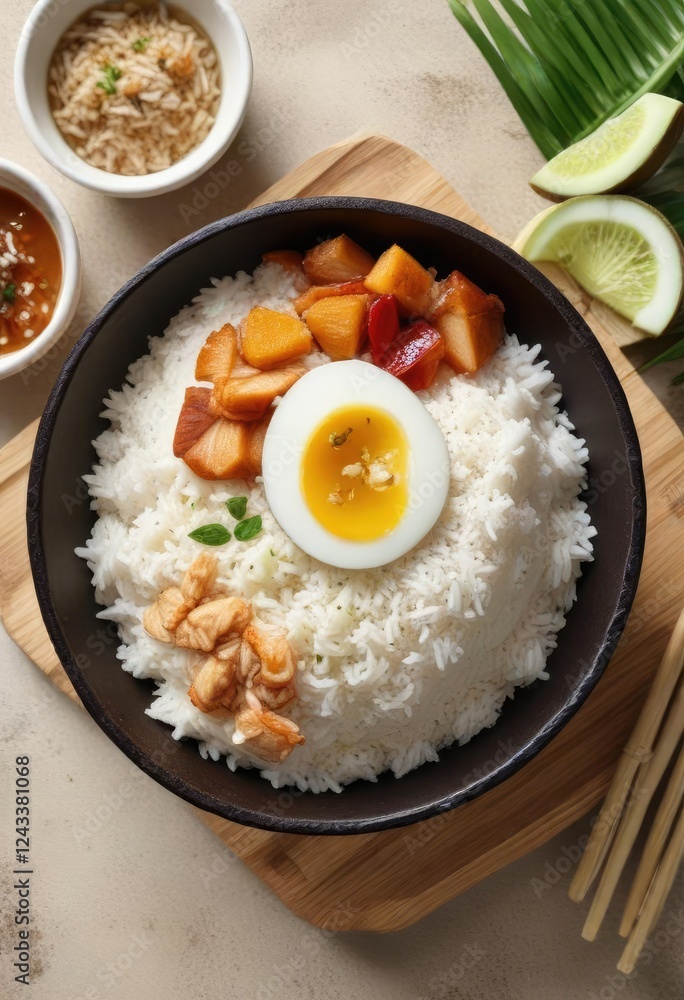 Steaming bowl of coconut rice with nasi lemak garnish, rice and coconut combination, tropical rice dish Steaming bowl of coconut rice with nasi lemak garnish, rice and coconut combination, tropical rice dish