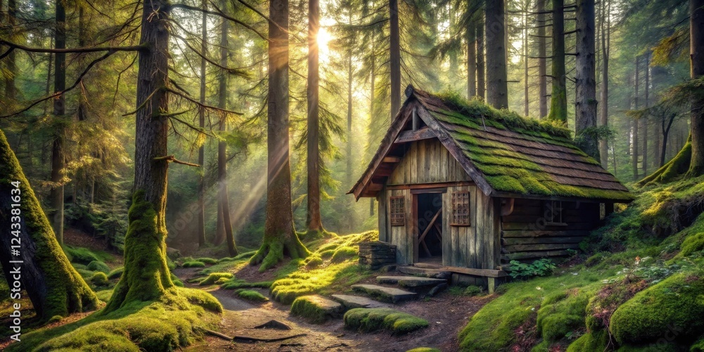Secluded Wooden Cabin Nestled in a Sun-Dappled Mossy Forest, Path Leading to Tranquil Retreat Secluded Wooden Cabin Nestled in a Sun-Dappled Mossy Forest, Path Leading to Tranquil Retreat
