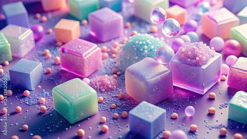 Dreamlike Pastel Cubes and Spheres in a Sparkling, Shimmering Scene Dreamlike Pastel Cubes and Spheres in a Sparkling, Shimmering Scene