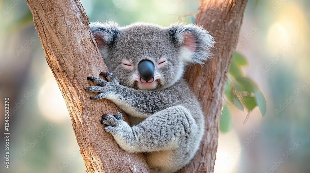Fototapeta premium Adorable Koala Sleeping Peacefully On A Tree Trunk