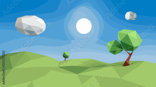 Low Poly Landscape with Tree and Cloud