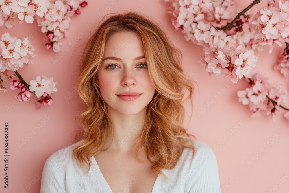 Naklejka premium Pretty Woman with Spring Blossoms