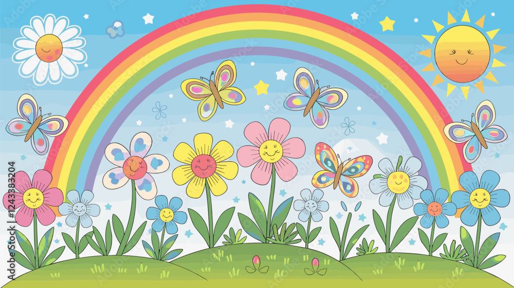 Rainbow, Flowers, and Butterflies Cartoon Scene Rainbow, Flowers, and Butterflies Cartoon Scene