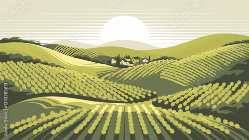 Rural Panoramic Landscape with Village and Hills