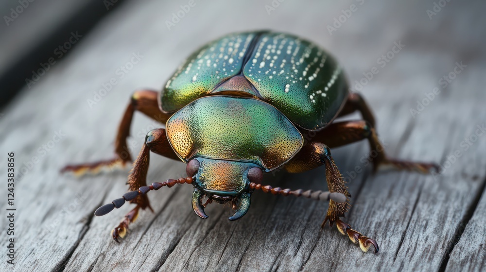Fototapeta premium Macro Photography of a Sparkling Green Jewel Scarab Beetle on Weathered Wood