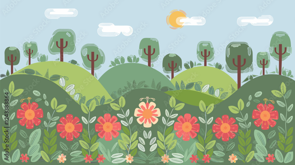 Fototapeta premium Spring Landscape with Flowers and Trees