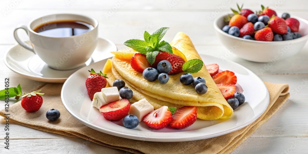 Delightful crepe breakfast with fresh berries and cubes of confectionery served on a plate with a cup of coffee Delightful crepe breakfast with fresh berries and cubes of confectionery served on a plate with a cup of coffee