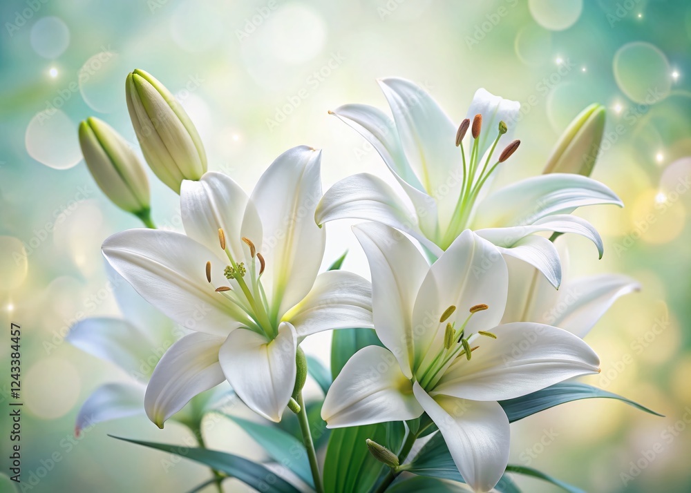 Fototapeta premium Elegant White Lilies: Minimalist Close-Up Floral Photography with Soft Lighting & Tilt-Shift Effect