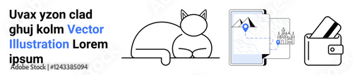 Cat lounging beside a smartphone showing a travel map, and a wallet with cards. Ideal for travel, pet care, technology, finance, minimalism, organization leisure. Landing page