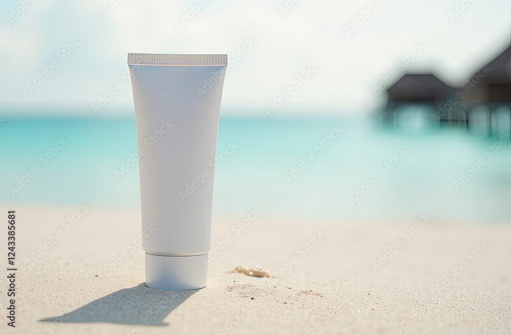 White cosmetics cream tube without labels on sand, copy space for text at left, blurred beach on background. Vacation and travel concept