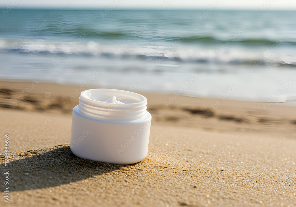 white jar for cream without stickers, blurred sea, beach, sand, sun white jar for cream without stickers, blurred sea, beach, sand, sun