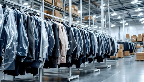 Rows of Clothing on Hangers in a Modern Warehouse