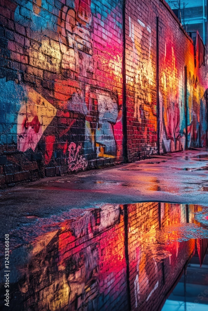Obraz premium Colorful graffiti alley reflection, urban art, wet pavement, city background