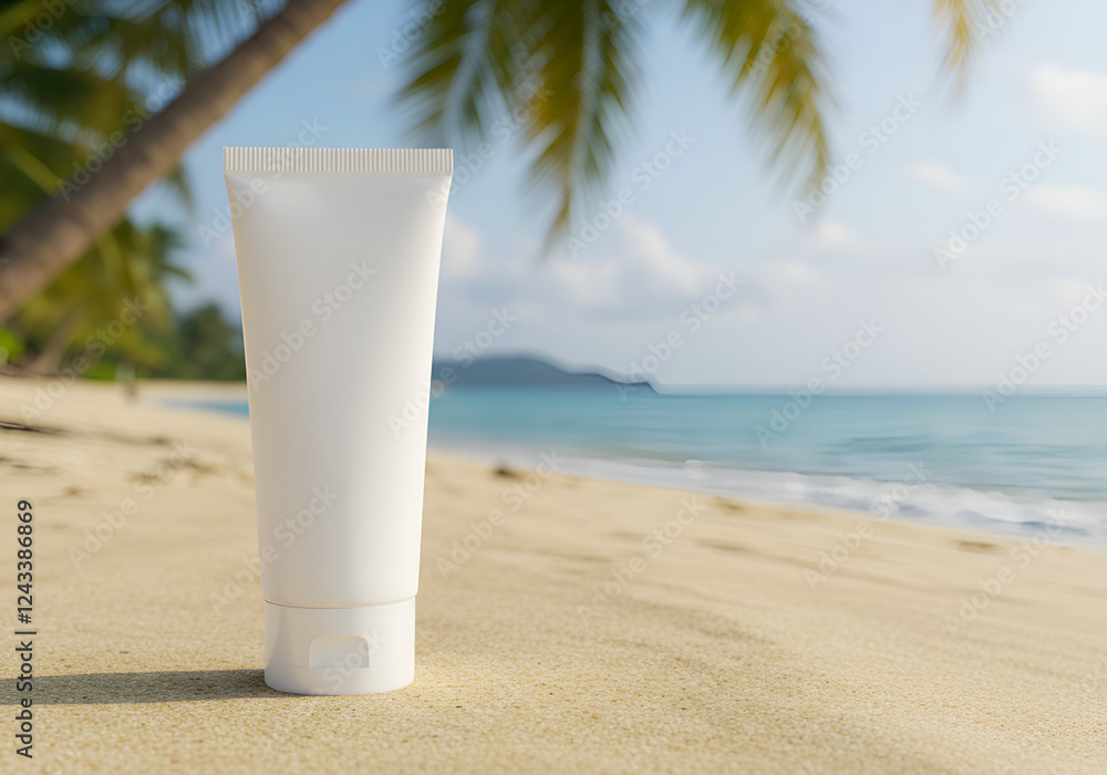 plastic white cream tube without labels on the beach