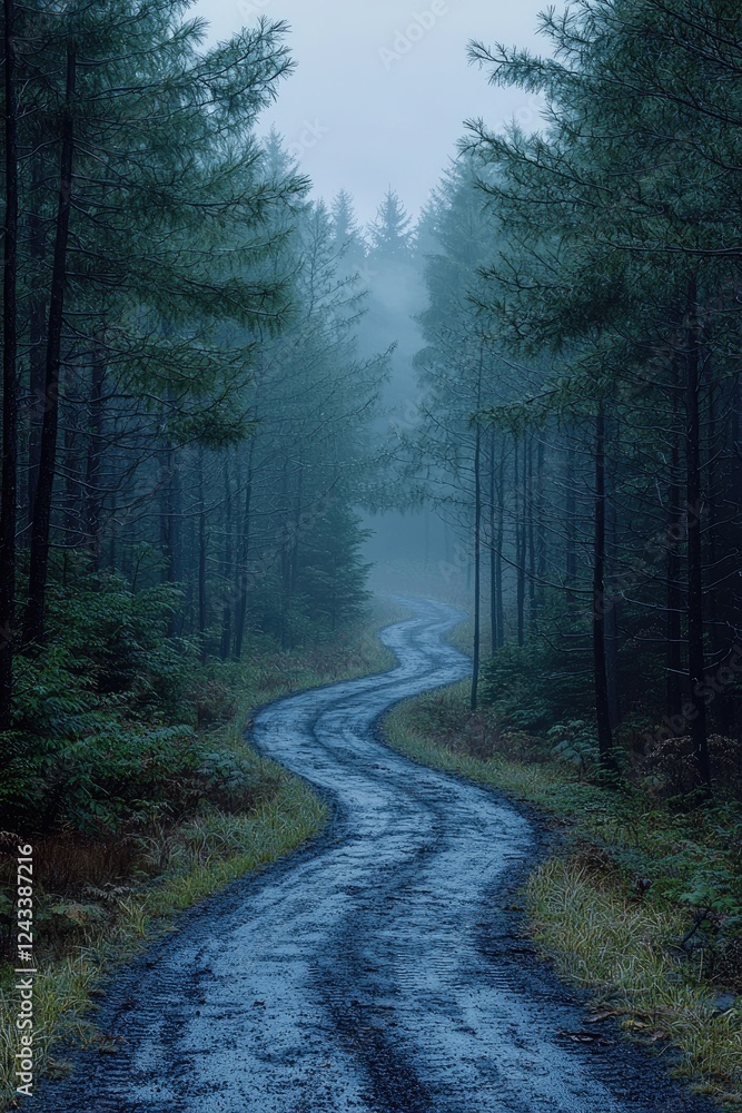 Fototapeta premium Winding Forest Road Through Misty Trees