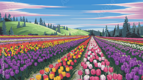 Colorful Tulip Field with Rolling Hills