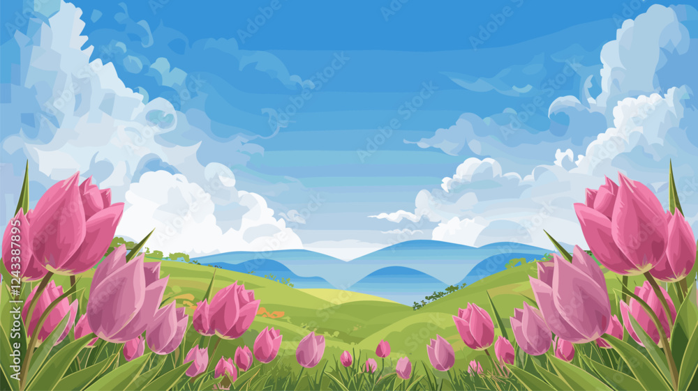 Obraz premium Pink Tulips with Mountain Backdrop