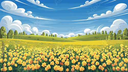 Yellow Flower Field with Green Hills