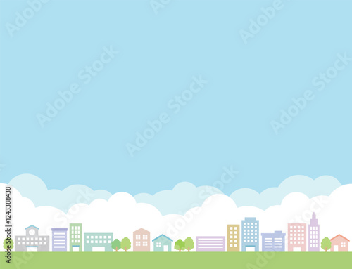 Background of city and town landscape. Buildings, schools, houses, trees and street trees against a cloudy sky background.