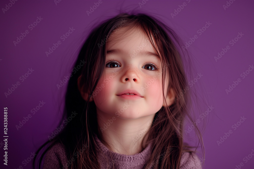 a 6 year old girl celebrating international women's day (March 8), purple background a 6 year old girl celebrating international women's day (March 8), purple background