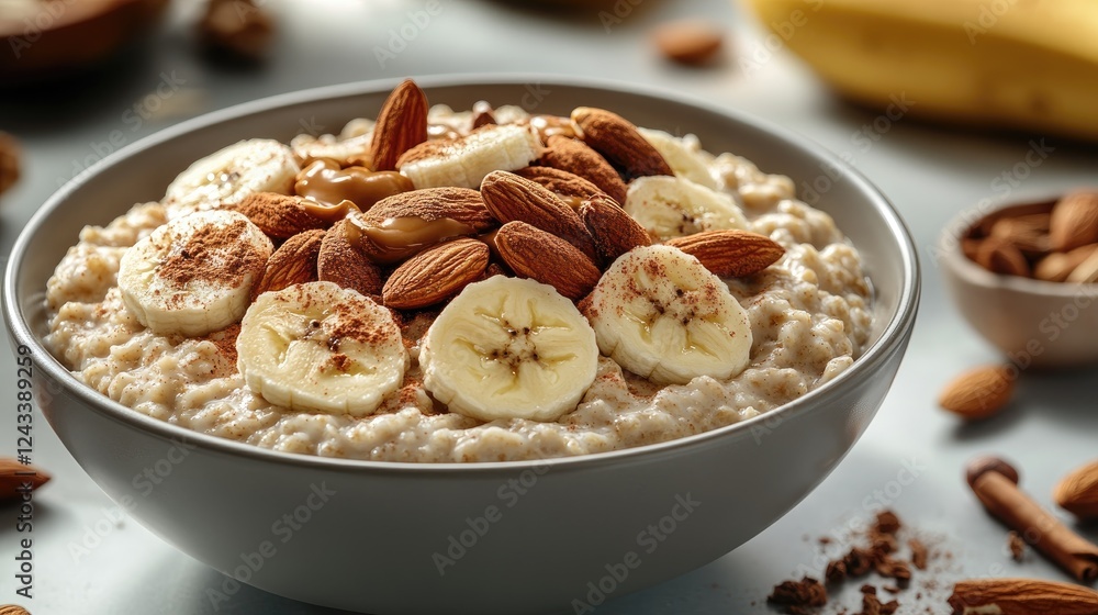A nourishing bowl of oatmeal topped with banana slices and almonds, set against a soft kitchen backdrop A nourishing bowl of oatmeal topped with banana slices and almonds, set against a soft kitchen backdrop