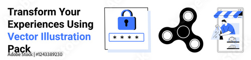 Password lock, fidget spinner, shopping icon highlight digital security, relaxation, and e-commerce dynamics. Ideal for fintech, technology, online retail, productivity innovation user experience