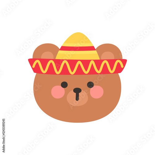 Korean Style Bear Head Cartoon with Yellow and Red Sombrero