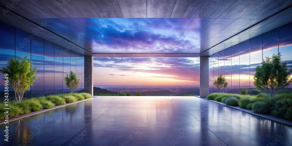 Serene Sunset View from Modern Glass Pavilion with Reflective Floor and Lush Landscaping Serene Sunset View from Modern Glass Pavilion with Reflective Floor and Lush Landscaping