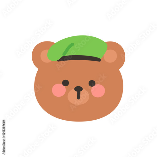 Korean Style Bear Head Cartoon with Green Military Beret