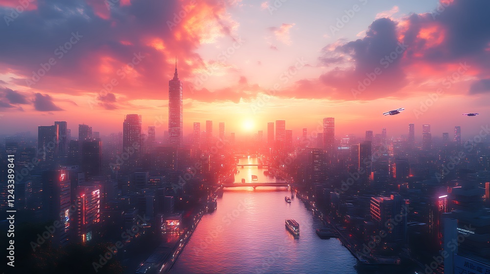 Fototapeta premium Vibrant sunset over futuristic city skyline.
