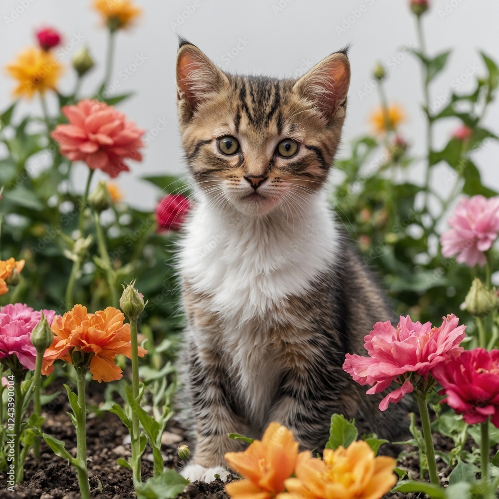 A curious kitten exploring a garden bursting with vibrant blooms, isolated on a pure white background. A curious kitten exploring a garden bursting with vibrant blooms, isolated on a pure white background.