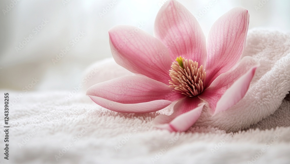 Serene Spa Magnolia Bloom: A Pink Flower Resting on Soft White Towels, Evoking Peace and Tranquility Serene Spa Magnolia Bloom: A Pink Flower Resting on Soft White Towels, Evoking Peace and Tranquility