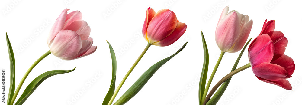 Set of beautiful tulips of different colors isolated on a transparent background. Tulips holiday concept, spring has come.