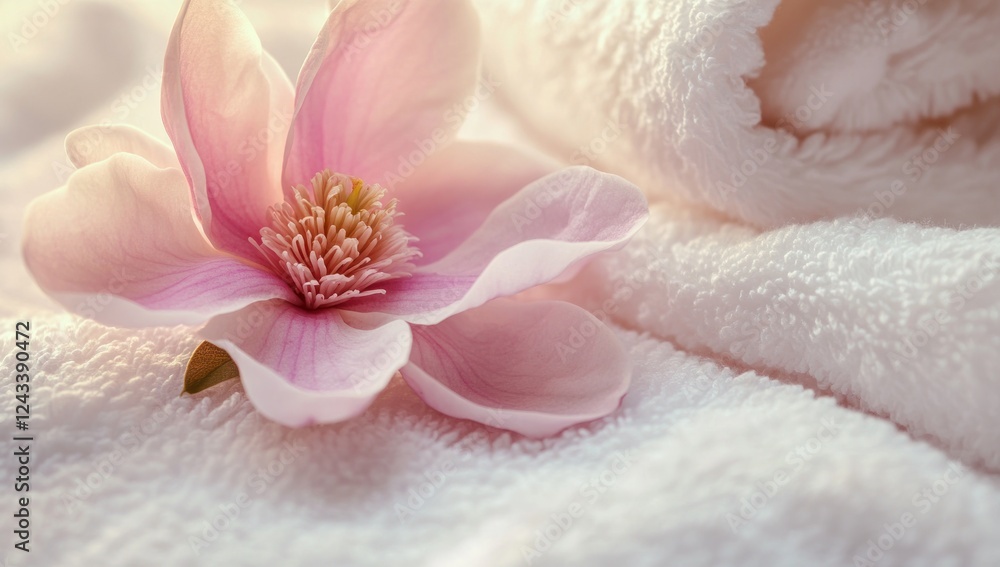 Serene Spa Day: Magnolia Blossom on Soft Towels Serene Spa Day: Magnolia Blossom on Soft Towels