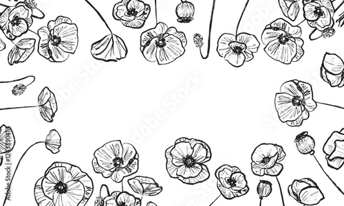 Round frame logo with poppy flower, bud, bouquet and leaves in brush stroke texture. Hand drawn vector sketch illustration in vintage charcoal ink style. Greeting card design, invitation design