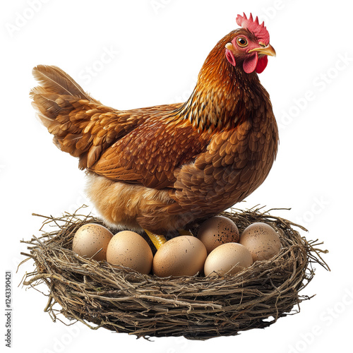Brown Hen Sitting on Nest of Fresh Eggs Isolated on transparent background