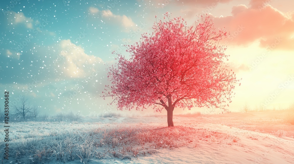 Vibrant Pink Tree in Snowy Landscape Under Colorful Sky Vibrant Pink Tree in Snowy Landscape Under Colorful Sky