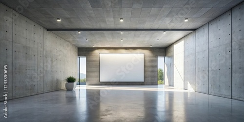 Spacious modern minimalist interior with concrete walls, large blank canvas, and natural light streaming through windows