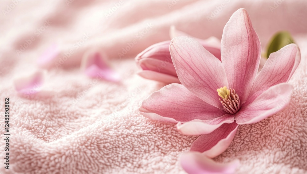 Serene Pink Magnolia Blossom on Soft Towel Serene Pink Magnolia Blossom on Soft Towel