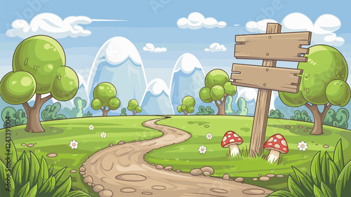 Cartoon Landscape with Path and Signpost