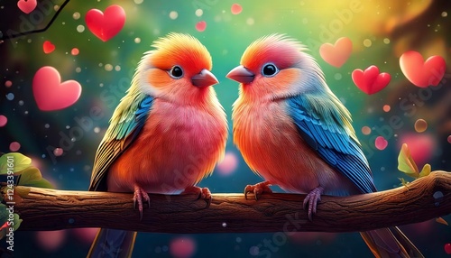 A cartoon-style lovebirds couple sitting on a branch with tiny heart bubbles.