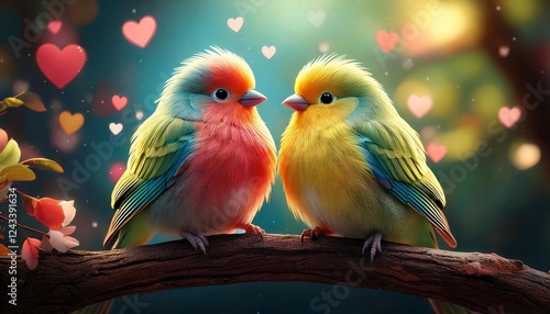 A cartoon-style lovebirds couple sitting on a branch with tiny heart bubbles.