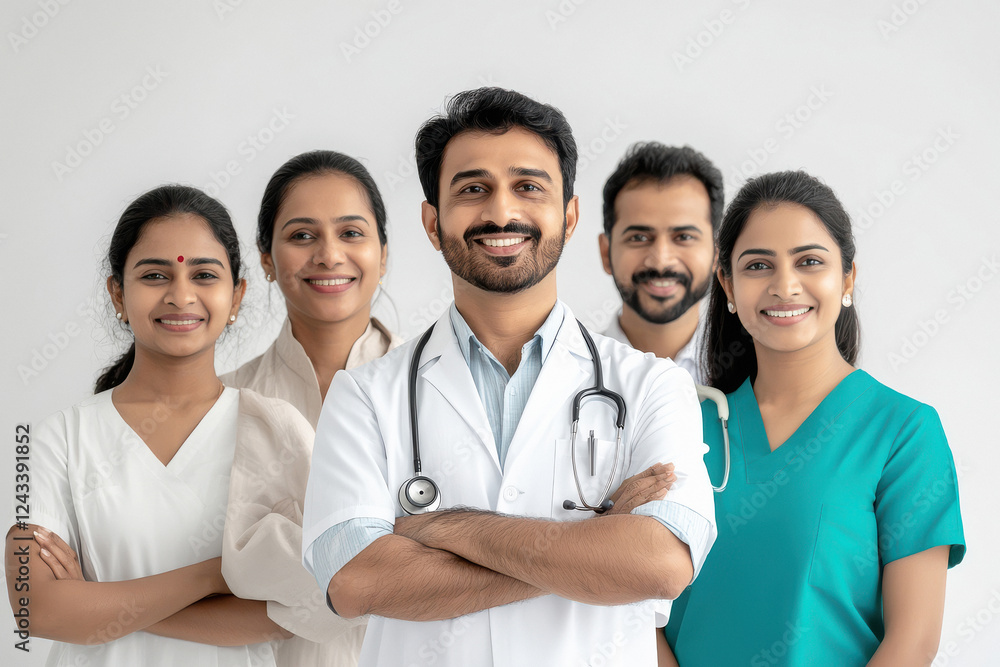 A group of malayali people smiling, with a doctor holding a stethoscope in the middle, on a white background A group of malayali people smiling, with a doctor holding a stethoscope in the middle, on a white background