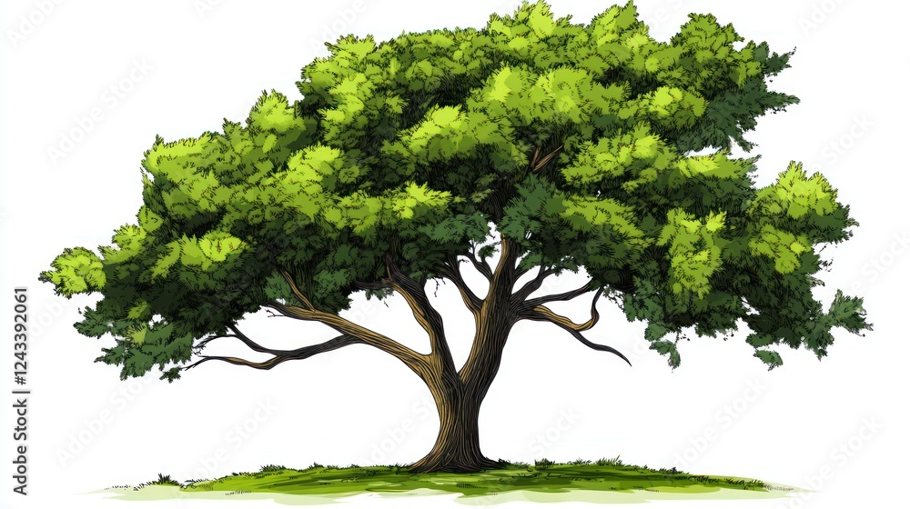 Lush green tree, summer foliage, white background, nature illustration, website graphic Lush green tree, summer foliage, white background, nature illustration, website graphic