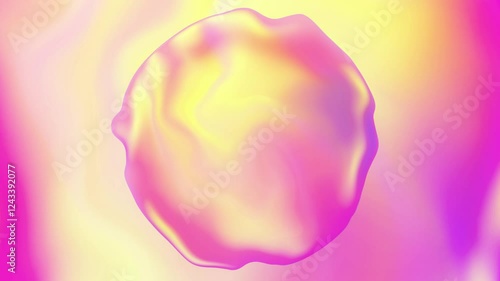 Abstract pink, yellow close-up sphere with liquid moving texture, iridescent pink, purple wavy rotation motion bubble background with copy space. Fluid sphere with blurred swirl waves.