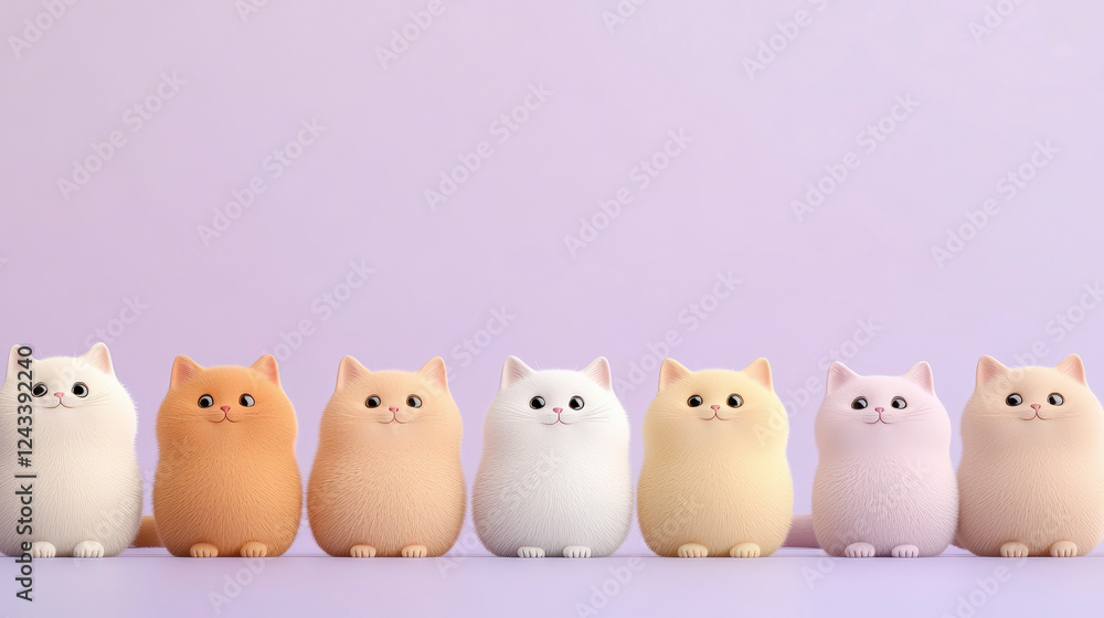 Adorable pastel cat figurines in a row against a light purple background. Perfect for enhancing cute home decoration themes. Adorable pastel cat figurines in a row against a light purple background. Perfect for enhancing cute home decoration themes.