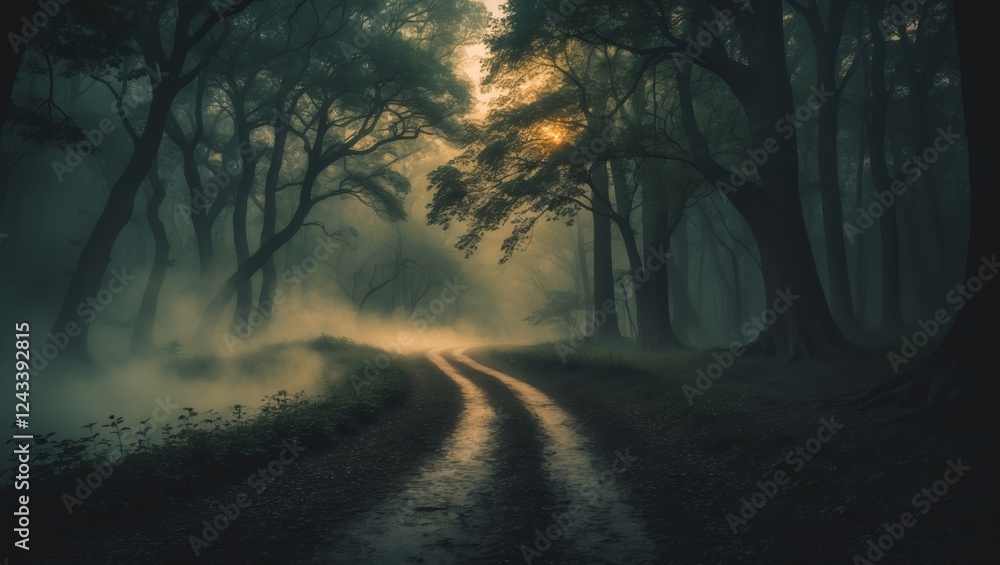 Naklejka premium Mysterious winding path through a foggy forest at dawn invites exploration and adventure