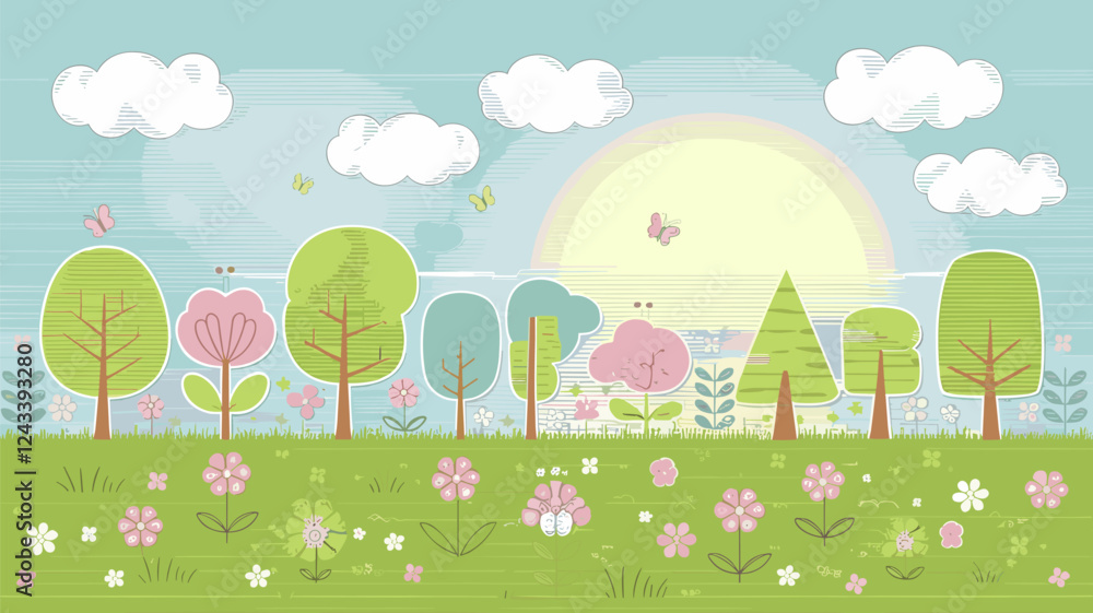 Stylized Spring Landscape with Trees and Flowers Stylized Spring Landscape with Trees and Flowers